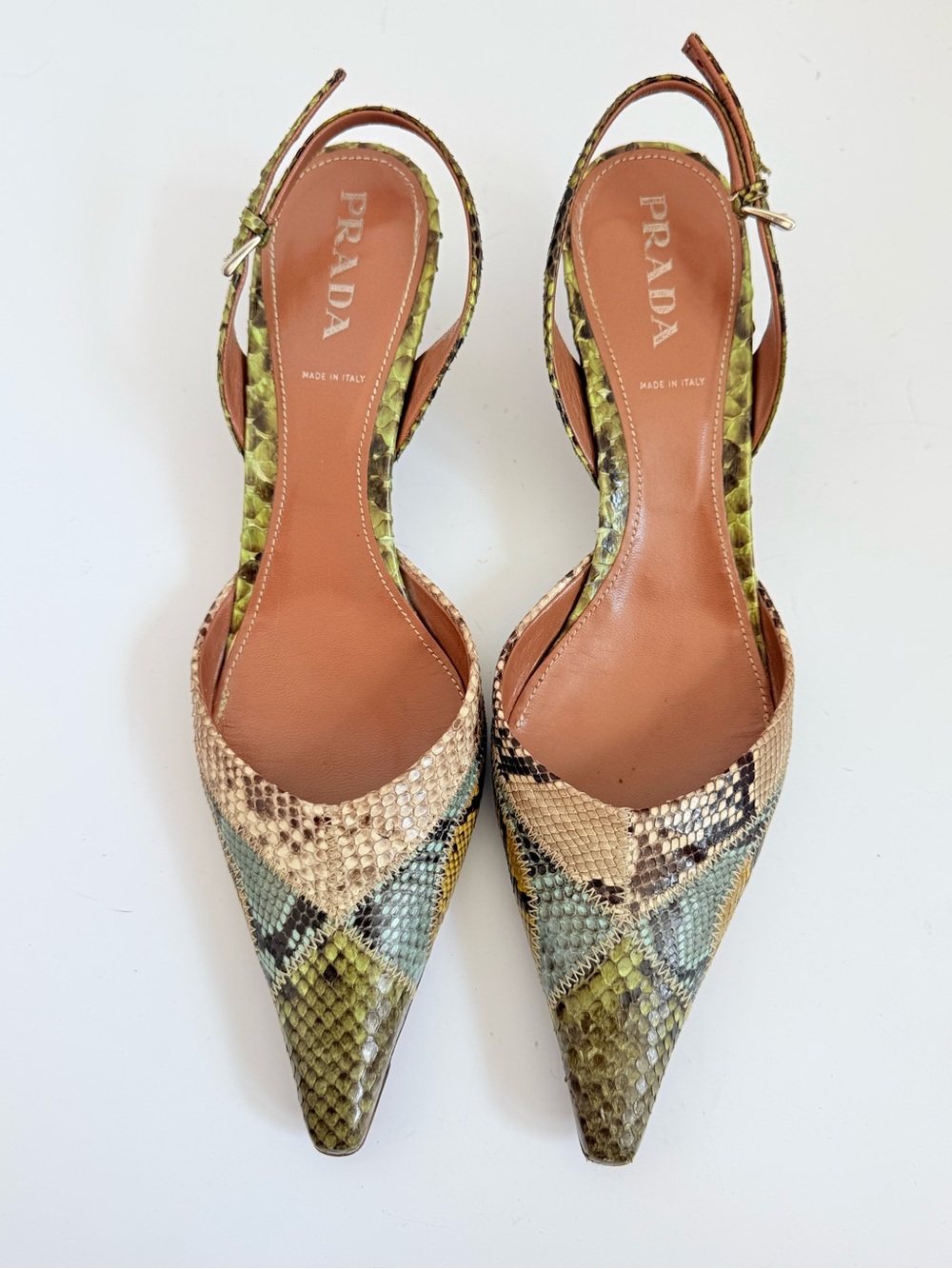 Prada 1P5478 Patch Summer Menta Python Snakeskin Slingback Heels 38 Y2K - Picture 2 of 8